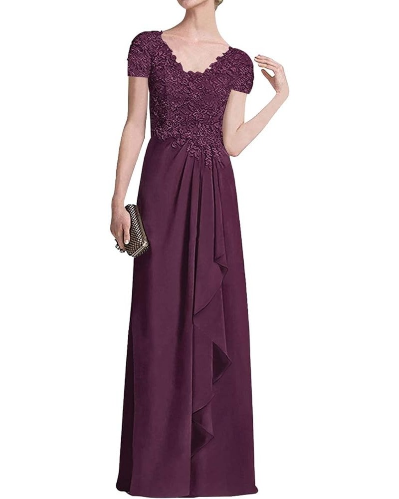 Mother of The Bride Dresses Long Evening Formal Dress Lace Applique Short Sleeve Ruffles Grape $36.26 Dresses