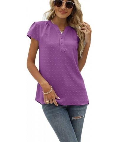 Kwoki Women's Swiss Dot Shirts Casual Loose V Neck Button Up Solid Colour Chiffon Blouse Tops Purple 01 $17.38 Blouses