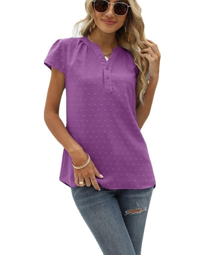 Kwoki Women's Swiss Dot Shirts Casual Loose V Neck Button Up Solid Colour Chiffon Blouse Tops Purple 01 $17.38 Blouses