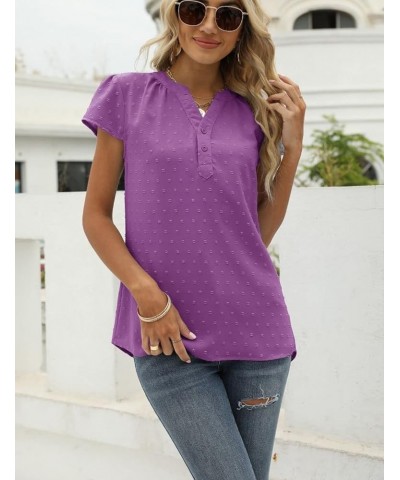 Kwoki Women's Swiss Dot Shirts Casual Loose V Neck Button Up Solid Colour Chiffon Blouse Tops Purple 01 $17.38 Blouses