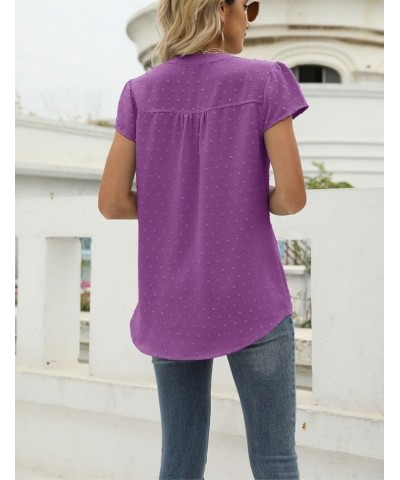 Kwoki Women's Swiss Dot Shirts Casual Loose V Neck Button Up Solid Colour Chiffon Blouse Tops Purple 01 $17.38 Blouses