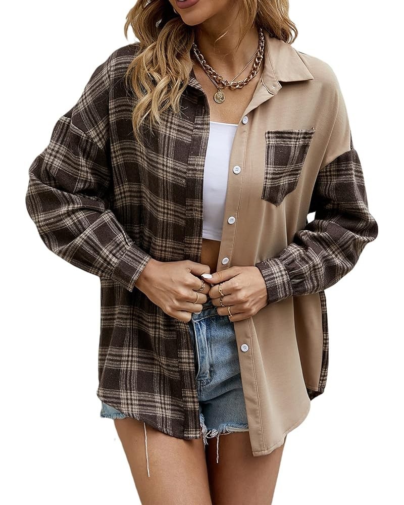 Women Oversized Flannel Plaid Shirts Long Sleeve Button Down Shacket Lapel Loose Casual Fall Plaid Jacket Shirt Blouse Tops K...