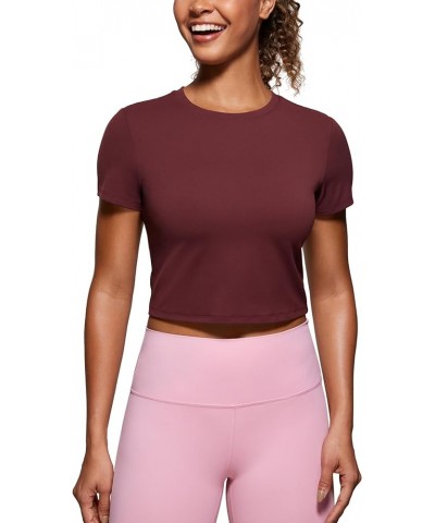 Butterluxe Short Sleeve Shirts for Women High Neck Crop Tops Basic Fitted T-Shirt Gym Workout Top Red Merlot $14.88 Activewear