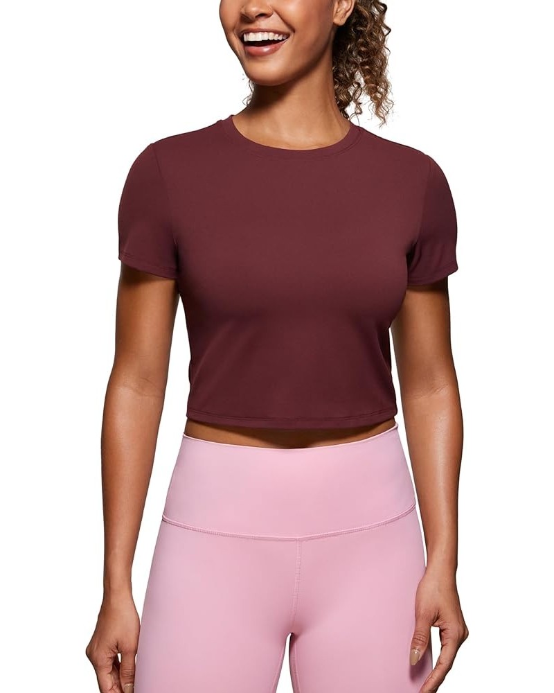 Butterluxe Short Sleeve Shirts for Women High Neck Crop Tops Basic Fitted T-Shirt Gym Workout Top Red Merlot $14.88 Activewear