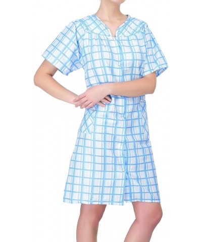 Women's Short Sleeve Snap-Front Plaid Seersucker Cotton-rich House Coat Blue $11.66 Others