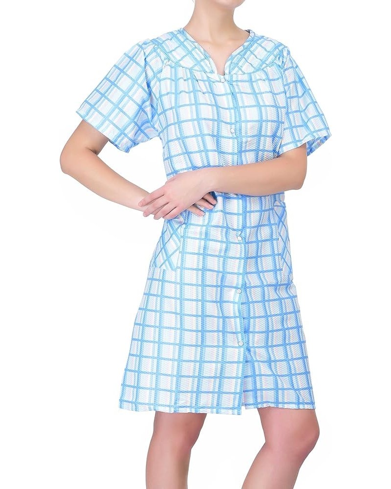 Women's Short Sleeve Snap-Front Plaid Seersucker Cotton-rich House Coat Blue $11.66 Others