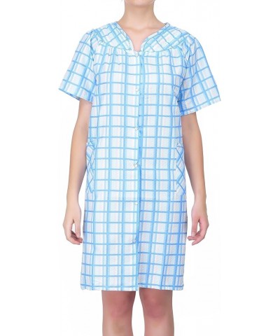 Women's Short Sleeve Snap-Front Plaid Seersucker Cotton-rich House Coat Blue $11.66 Others