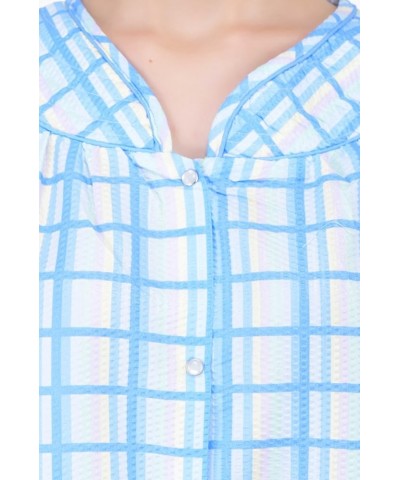 Women's Short Sleeve Snap-Front Plaid Seersucker Cotton-rich House Coat Blue $11.66 Others