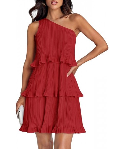 Women's 2024 Summer Sleeveless Mini Dress Boho One Shoulder Ruffle Tiered Layered Chiffon Flowy A Line Dresses Red $25.75 Dre...