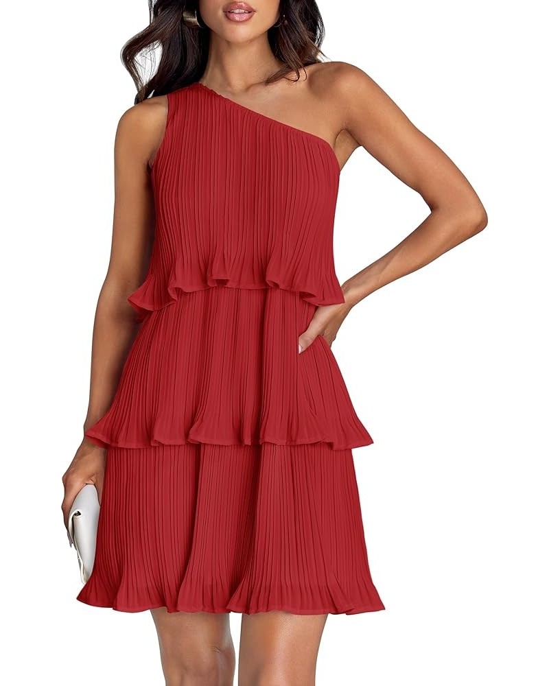 Women's 2024 Summer Sleeveless Mini Dress Boho One Shoulder Ruffle Tiered Layered Chiffon Flowy A Line Dresses Red $25.75 Dre...