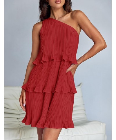 Women's 2024 Summer Sleeveless Mini Dress Boho One Shoulder Ruffle Tiered Layered Chiffon Flowy A Line Dresses Red $25.75 Dre...