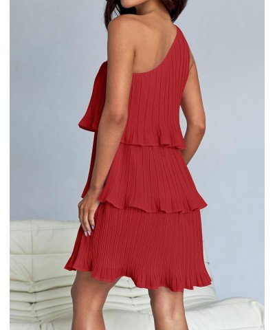 Women's 2024 Summer Sleeveless Mini Dress Boho One Shoulder Ruffle Tiered Layered Chiffon Flowy A Line Dresses Red $25.75 Dre...