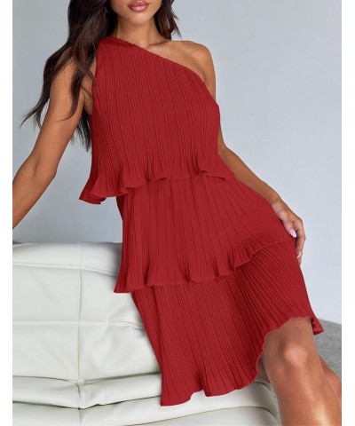 Women's 2024 Summer Sleeveless Mini Dress Boho One Shoulder Ruffle Tiered Layered Chiffon Flowy A Line Dresses Red $25.75 Dre...