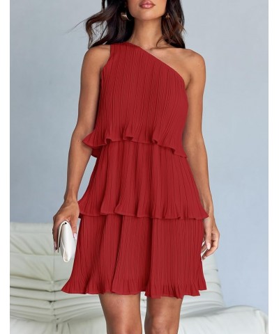 Women's 2024 Summer Sleeveless Mini Dress Boho One Shoulder Ruffle Tiered Layered Chiffon Flowy A Line Dresses Red $25.75 Dre...