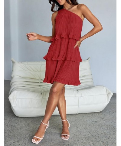 Women's 2024 Summer Sleeveless Mini Dress Boho One Shoulder Ruffle Tiered Layered Chiffon Flowy A Line Dresses Red $25.75 Dre...