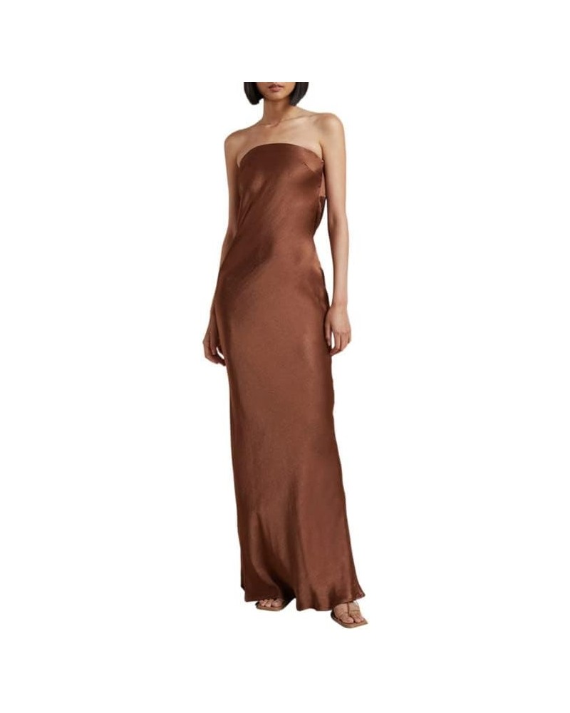 Women's Off Shoulder Satin Maxi Dress Elegant Strapless Split Bodycon Long Dresses Backless Evening Party Dress Brown $10.03 ...