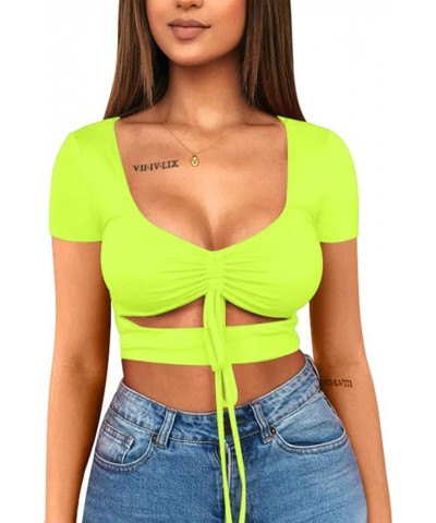 Women's Sexy Ruched Tie Up Crop Top Basic Long Sleeve Cut Out T Shirt Short Sleeve Fluogreen $8.80 T-Shirts