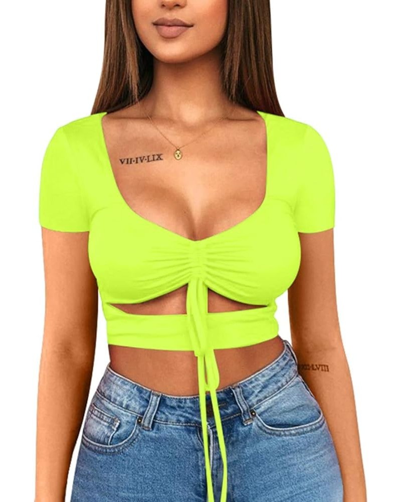 Women's Sexy Ruched Tie Up Crop Top Basic Long Sleeve Cut Out T Shirt Short Sleeve Fluogreen $8.80 T-Shirts