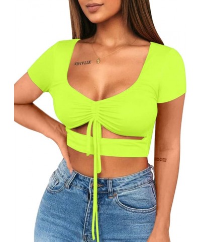 Women's Sexy Ruched Tie Up Crop Top Basic Long Sleeve Cut Out T Shirt Short Sleeve Fluogreen $8.80 T-Shirts