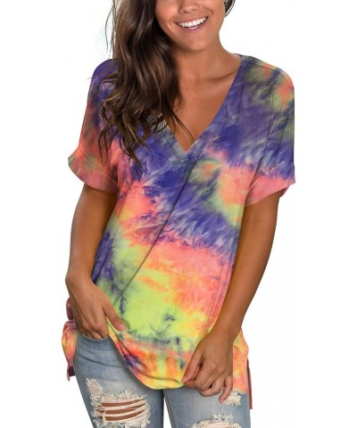 Women's Tshirts Casual V Neck Short Sleeve Loose Summer Tunic Tops Tie Dye Orange Pink Blue $15.95 Tops