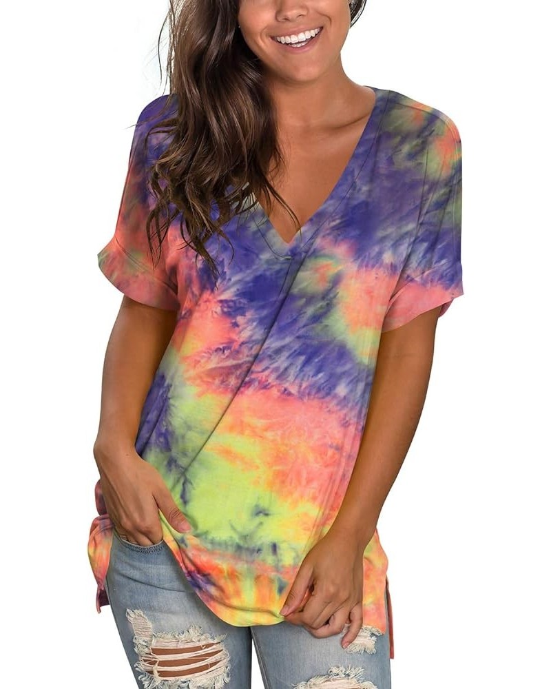 Women's Tshirts Casual V Neck Short Sleeve Loose Summer Tunic Tops Tie Dye Orange Pink Blue $15.95 Tops