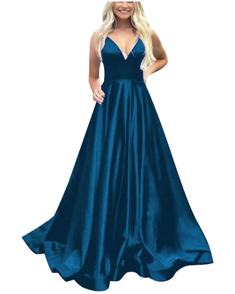 Satin Ball Gown Prom Dresses for Women with Pocket A Line Long Wedding Guest Dresses Evening Gown Peacock $34.05 Dresses