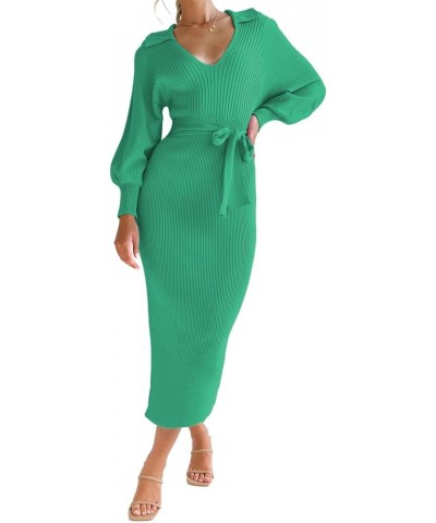 Women's Ribbed Sweater Wrap Dress Elegant Long Sleeve V Neck Knit Bodycon Maxi Dresses with Belt Green $34.21 Sweaters