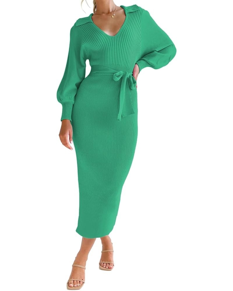 Women's Ribbed Sweater Wrap Dress Elegant Long Sleeve V Neck Knit Bodycon Maxi Dresses with Belt Green $34.21 Sweaters