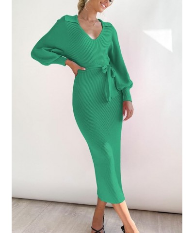 Women's Ribbed Sweater Wrap Dress Elegant Long Sleeve V Neck Knit Bodycon Maxi Dresses with Belt Green $34.21 Sweaters