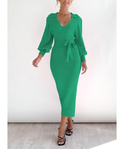 Women's Ribbed Sweater Wrap Dress Elegant Long Sleeve V Neck Knit Bodycon Maxi Dresses with Belt Green $34.21 Sweaters