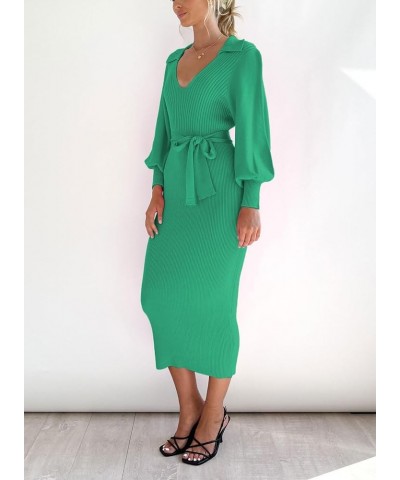 Women's Ribbed Sweater Wrap Dress Elegant Long Sleeve V Neck Knit Bodycon Maxi Dresses with Belt Green $34.21 Sweaters