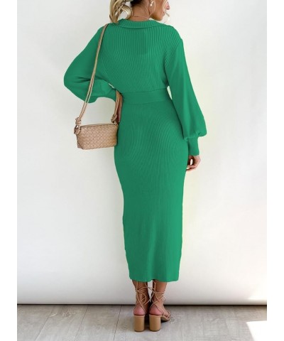 Women's Ribbed Sweater Wrap Dress Elegant Long Sleeve V Neck Knit Bodycon Maxi Dresses with Belt Green $34.21 Sweaters