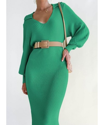 Women's Ribbed Sweater Wrap Dress Elegant Long Sleeve V Neck Knit Bodycon Maxi Dresses with Belt Green $34.21 Sweaters