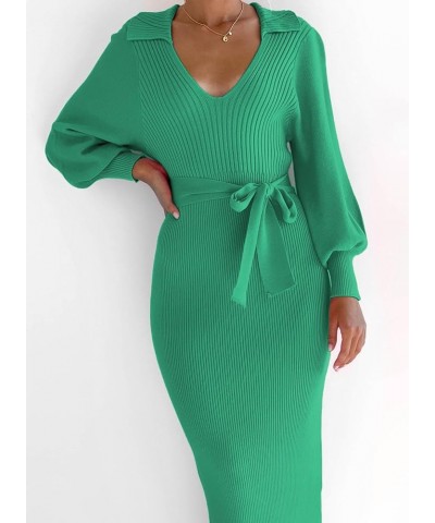 Women's Ribbed Sweater Wrap Dress Elegant Long Sleeve V Neck Knit Bodycon Maxi Dresses with Belt Green $34.21 Sweaters