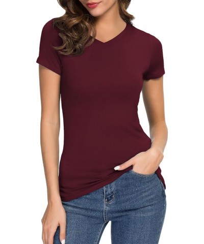 Women's Basic Slim Fitted Tee Tops Short Sleeve Stretchy Bodycon V-Neck Tight T-Shirt Wine Red $10.57 T-Shirts