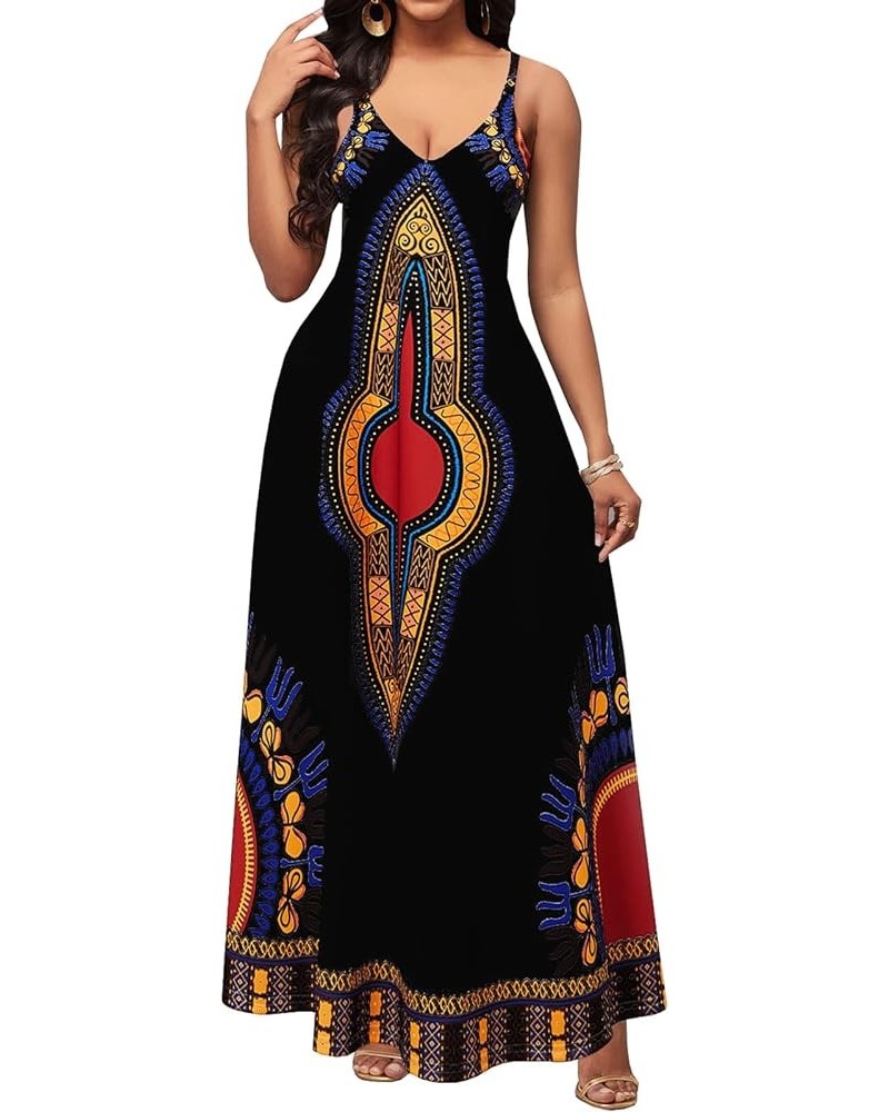 Women's Sexy Maxi Long Dresses Casual Spaghetti Strap Floor Length Plus Size Long Sundress with Pockets African/Black $15.95 ...