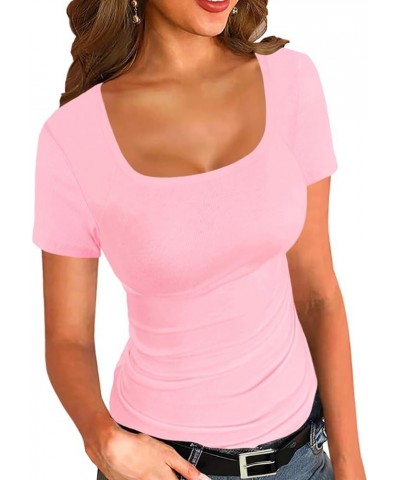 Women Ribbed Short Sleeve Square Neck Slim Fit Summer Basic T Shirts Tops Pink $13.91 T-Shirts