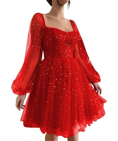 Sparkly Starry Tulle Prom Dress Short Puffy Sleeve Homecoming Dresses Glitter Formal Evening Party Gown C Red $26.40 Dresses