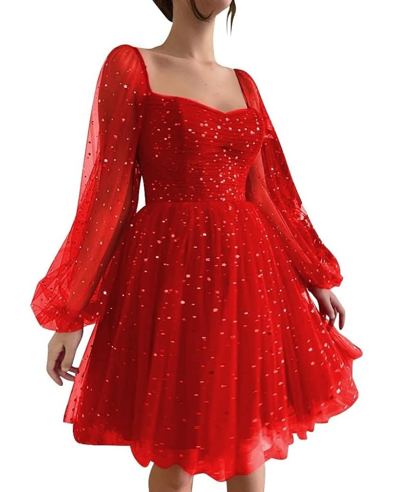 Sparkly Starry Tulle Prom Dress Short Puffy Sleeve Homecoming Dresses Glitter Formal Evening Party Gown C Red $26.40 Dresses