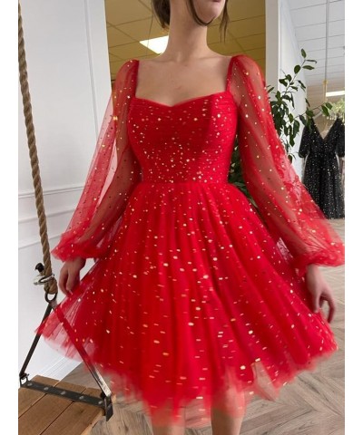 Sparkly Starry Tulle Prom Dress Short Puffy Sleeve Homecoming Dresses Glitter Formal Evening Party Gown C Red $26.40 Dresses