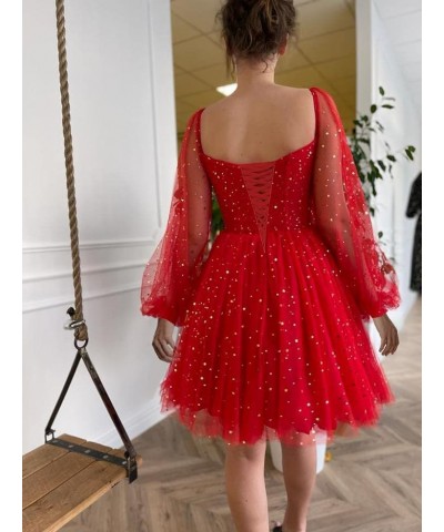 Sparkly Starry Tulle Prom Dress Short Puffy Sleeve Homecoming Dresses Glitter Formal Evening Party Gown C Red $26.40 Dresses