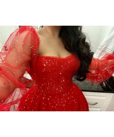 Sparkly Starry Tulle Prom Dress Short Puffy Sleeve Homecoming Dresses Glitter Formal Evening Party Gown C Red $26.40 Dresses