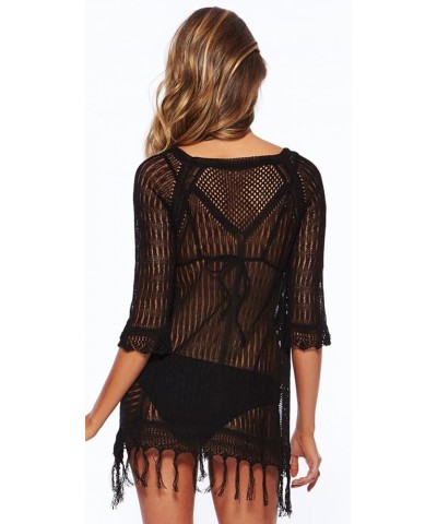 Beach Swimsuit for Women Sleeve Coverups Bikini Cover Up Net Slit Dark Beige Tassels Black $10.25 Swimsuits