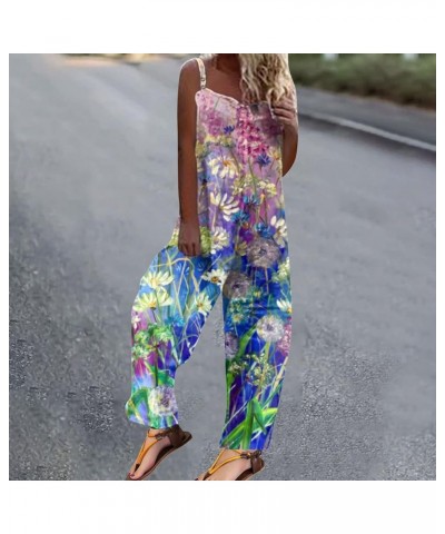 Casual Jumpsuits for Women Summer Boho Bib Overalls Vintage Floral Print Romper Baggy Wide Leg Long Pants Elegant E-blue $9.5...