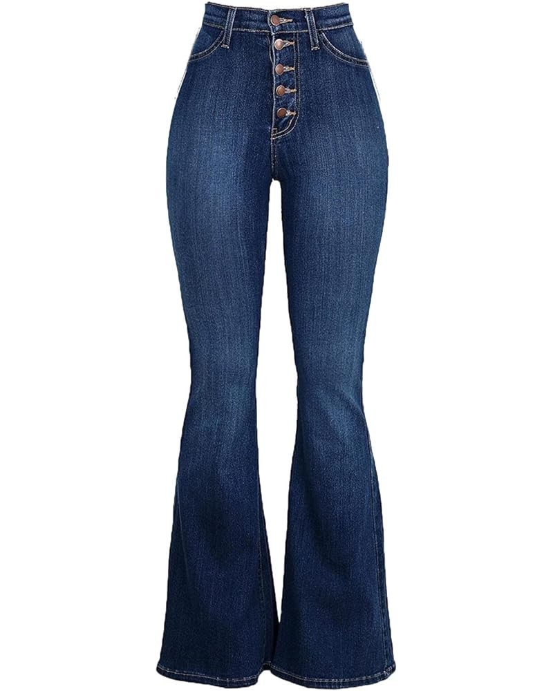 Women Skinny Flare Denim Jeans High Waisted Button Bell Bottom Denim Pants Elastic Waist Boot Cut Wide Leg Trousers (Dark Blu...