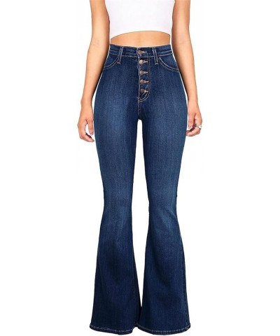 Women Skinny Flare Denim Jeans High Waisted Button Bell Bottom Denim Pants Elastic Waist Boot Cut Wide Leg Trousers (Dark Blu...