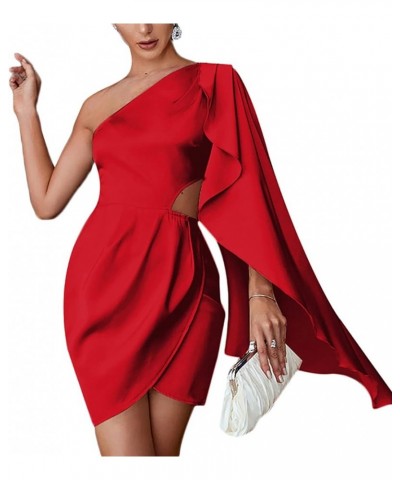 Women's Satin One Shoulder Cloak Sleeve Cut Out Waist Elegant Mini Dress Red $23.96 Dresses