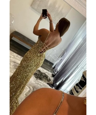 2023 Long Sequin Mermaid Prom Dresses for Women Sparkly Spaghetti Straps Party Gowns Slit Formal Evening Dress V-silver $35.0...