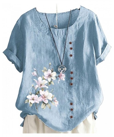 Women's Floral Printed Cotton Linen Short Sleeve Top Summer Vintage Casual Plus Size Tunic Comfy Loose Fit Tshirts Blue $16.4...