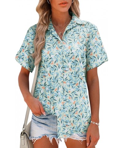 Linen Button Down Shirt Women Cotton Short Sleeve Blouses V Neck Collared Button Up Summer Beach Tops Blue Leaves $12.00 Blouses